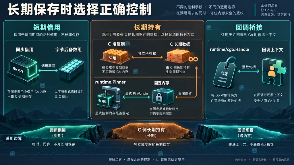 同步借用、C堆复制、runtime.Pinner和runtime/cgo.Handle四种跨语言控制的静态对比图