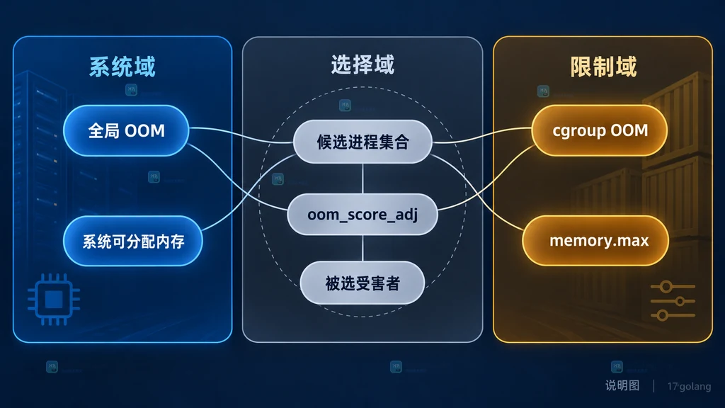 全局 OOM、cgroup OOM、候选集合和 oom_score_adj 的静态关系图