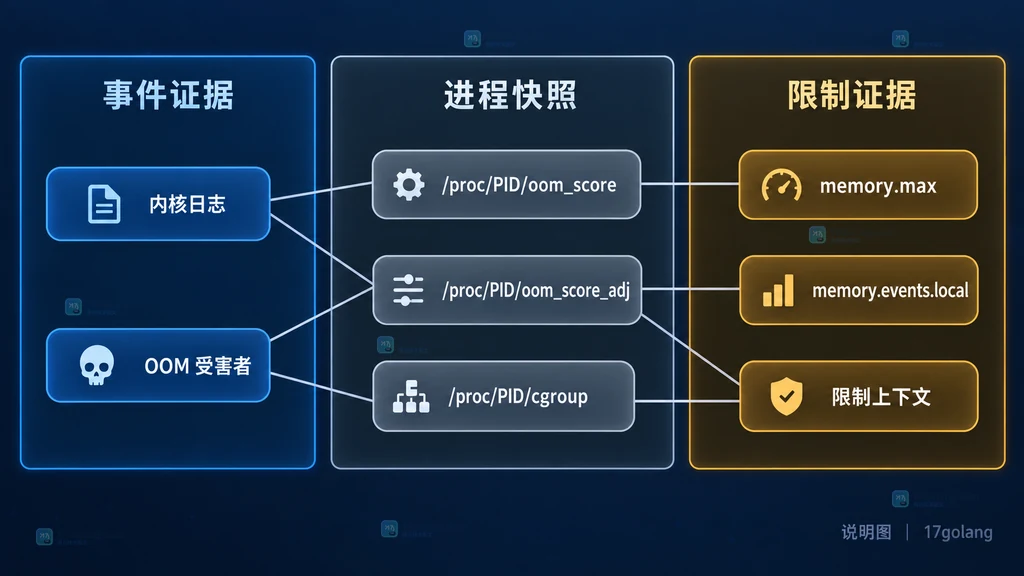内核日志、进程快照和 cgroup 限制组成的 OOM 证据链关系图