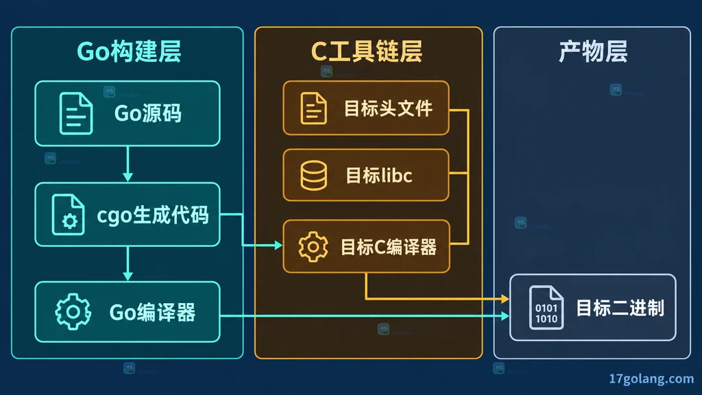含 cgo 项目的 Go 编译器、目标 C 编译器、目标头文件、目标 libc 和目标二进制依赖结构