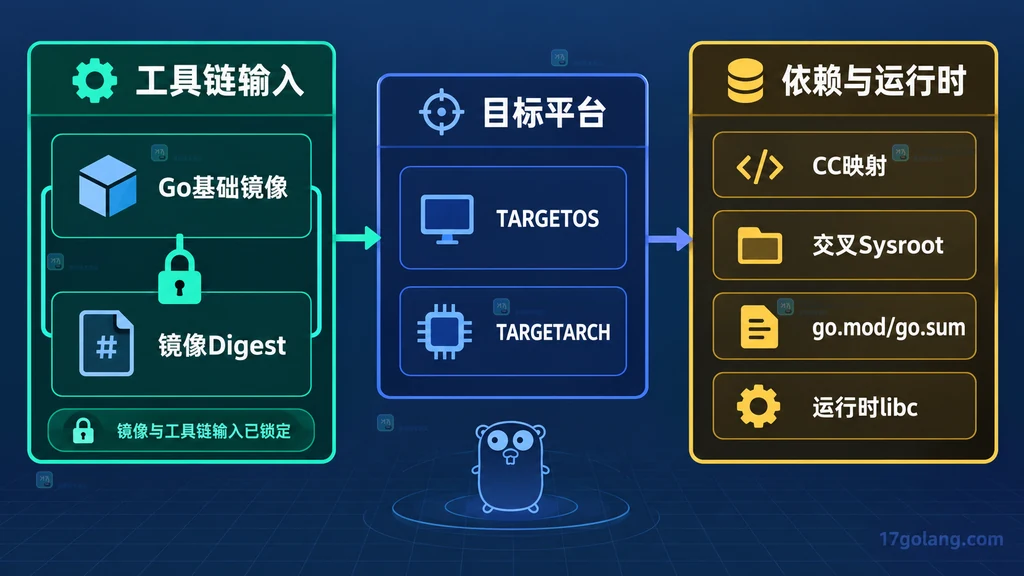 Go 基础镜像、目标平台、CC 映射、交叉 sysroot、模块依赖和运行时 libc 的可重复构建输入矩阵