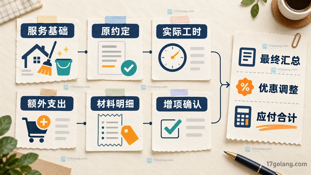家政服务原约定、实际工时、材料明细、增项确认和应付合计的四栏结算结构