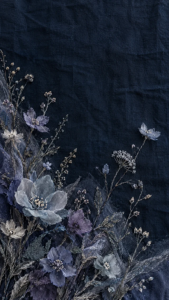 不规则野花与织物纹理拼贴的手作手机壁纸提示词
