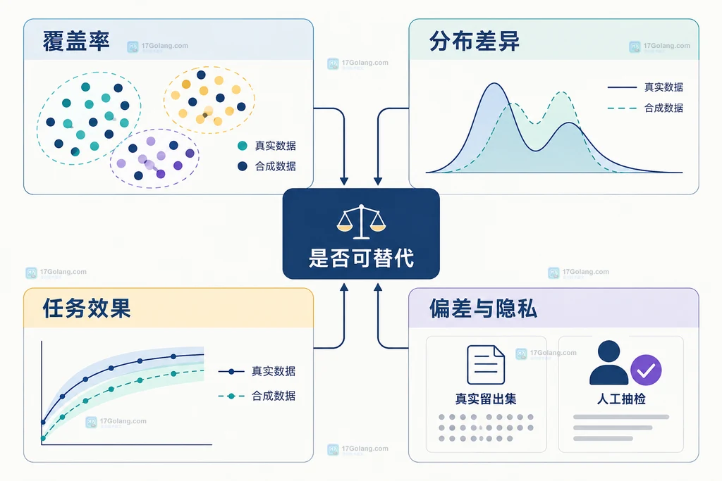 合成数据覆盖率、分布差异、任务效果、偏差与隐私的四层评估矩阵