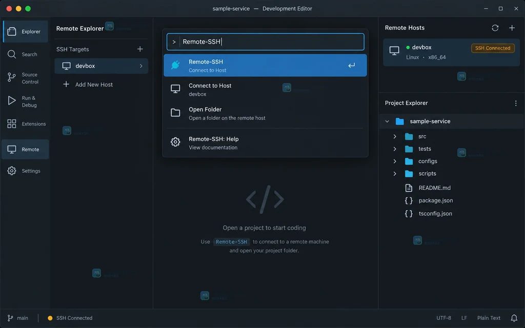VS Code Remote-SSH 连接远程主机并打开项目目录的原创界面说明图