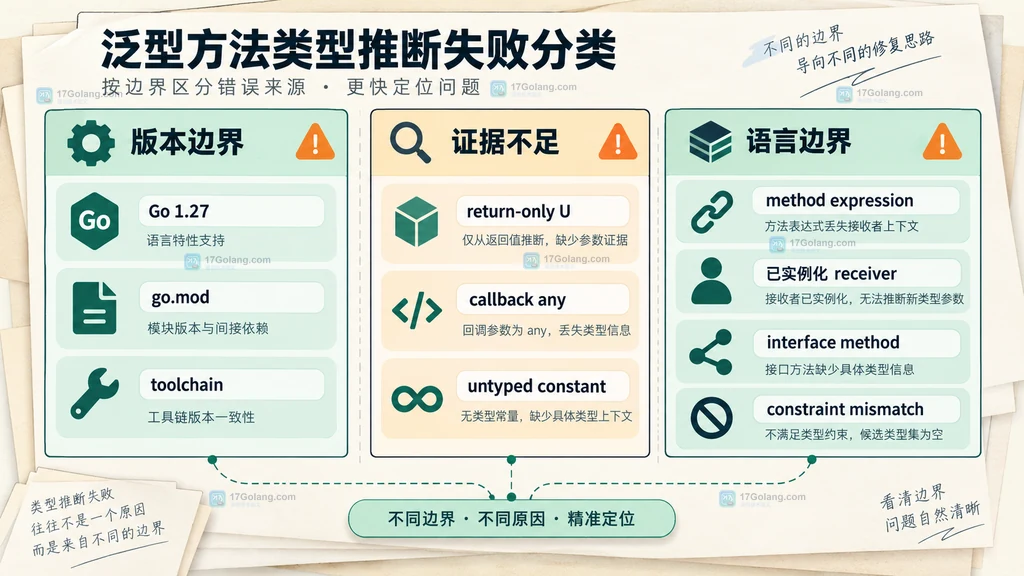Go 泛型方法类型推断失败按版本边界、证据不足和语言边界分类的静态结构图