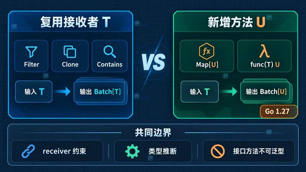 复用接收者 T 与为泛型方法新增 U 两种 API 设计方案的静态对比图