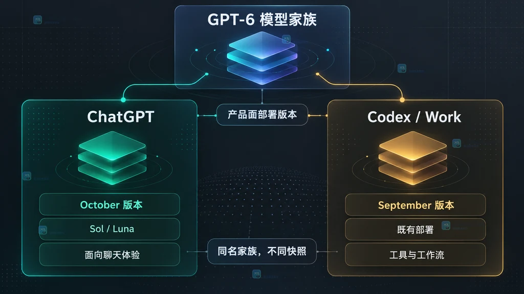 GPT-6 模型家族在 ChatGPT 与 Codex、Work 产品面使用不同月份部署快照的原创架构说明图