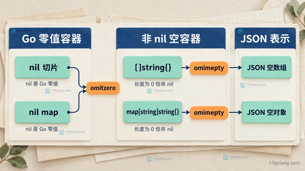 nil 切片、空切片、nil map、空 map 在 omitzero 与 omitempty 下的静态差异图
