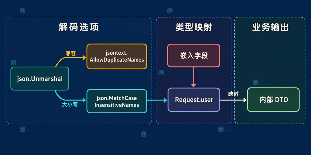 json/v2 重复成员选项、大小写匹配与结构体映射边界说明图