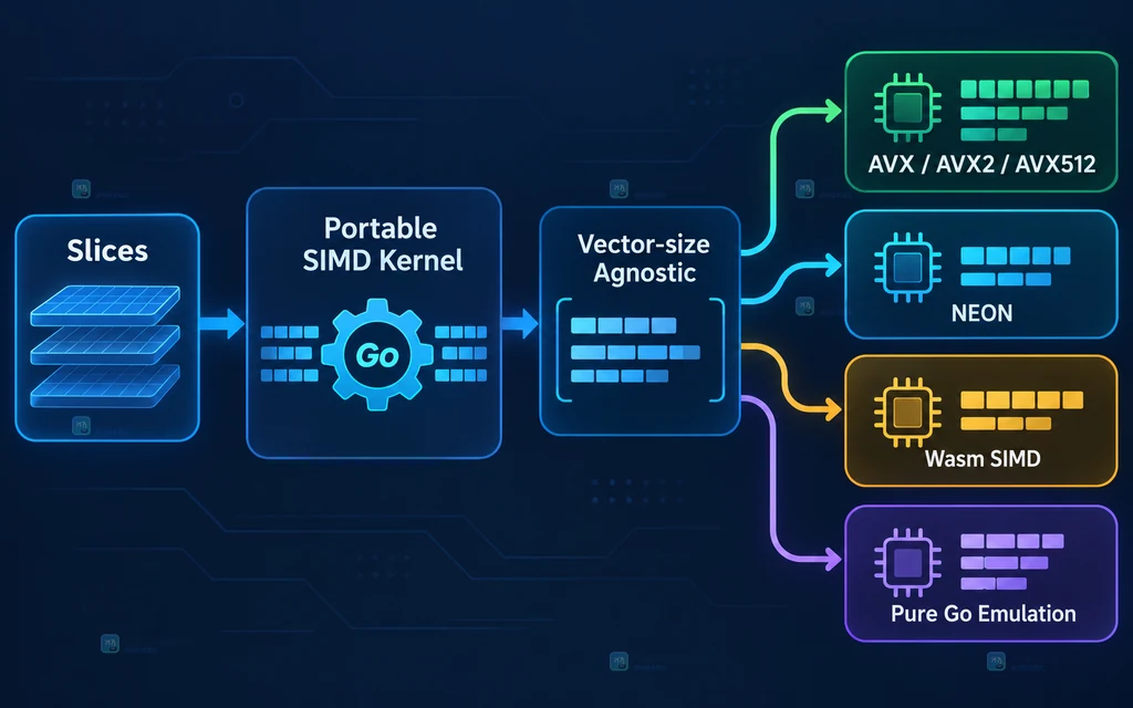 Go 1.27 可移植 SIMD 内核映射到多架构硬件与纯 Go 模拟实现的原创结构图