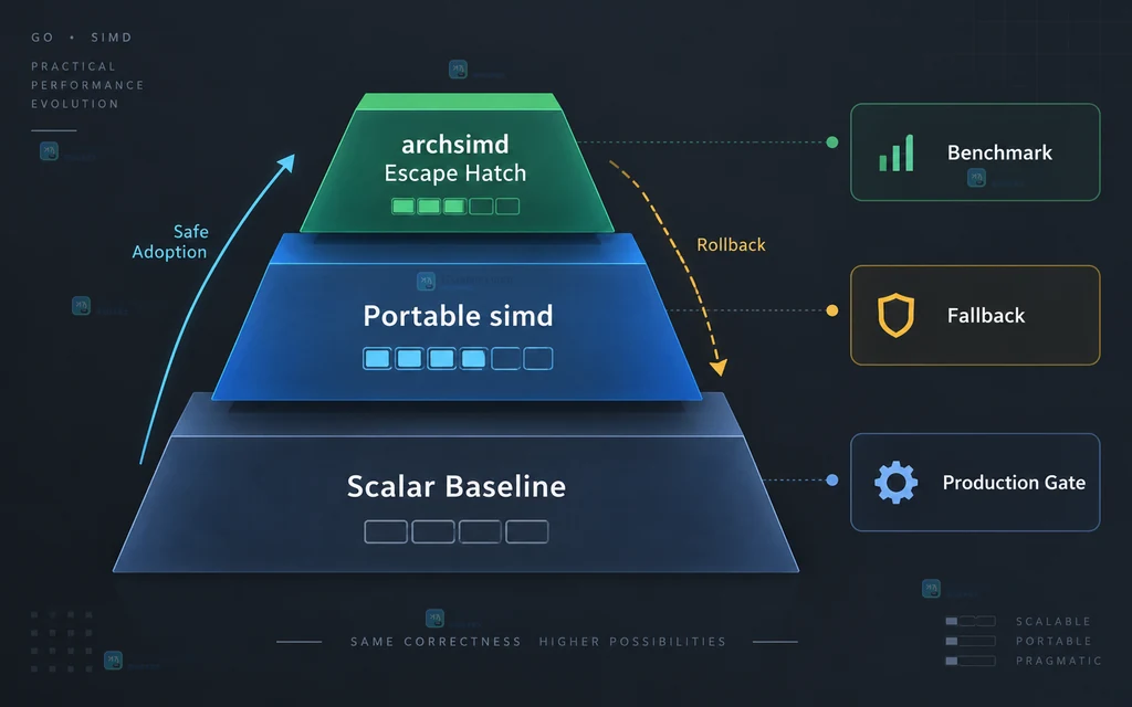 Go SIMD 从标量基线到可移植 simd 再到 archsimd 的原创渐进采用结构图