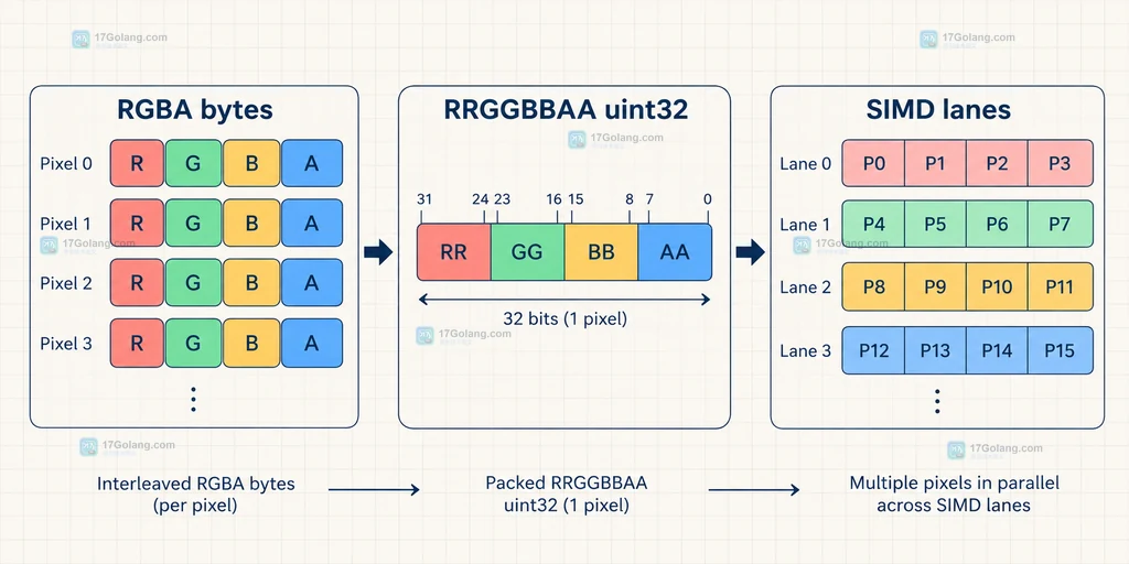 Go SIMD RGBA 亮度处理的拆分、饱和、保留 Alpha 与尾部写回关系说明图
