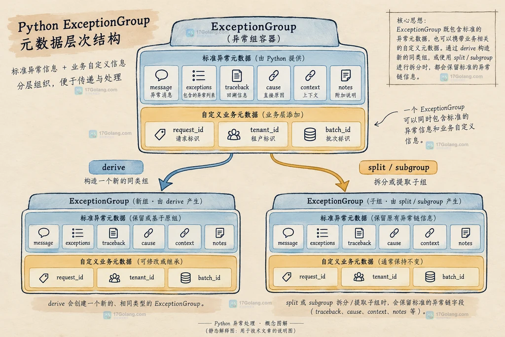 Python ExceptionGroup 的标准异常元数据与自定义业务字段分层关系说明图