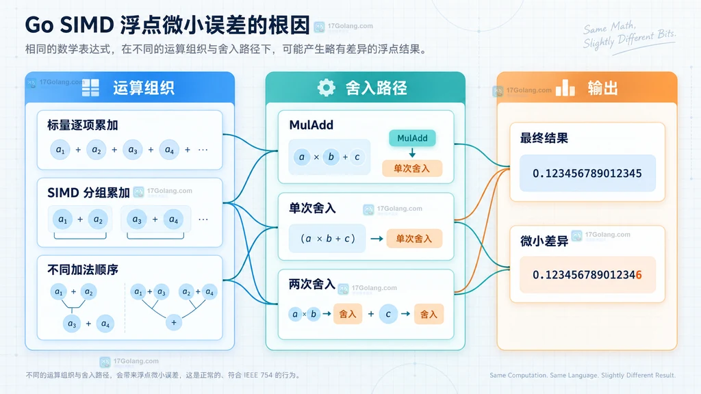 标量逐项累加、SIMD 分组累加、MulAdd 舍入路径和最终微小差异的静态关系图
