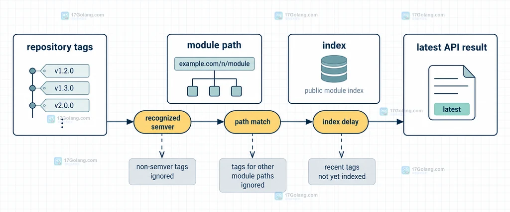 pkg.go.dev API latest 从仓库标签经过模块路径匹配和公共索引后得到返回版本的静态关系图