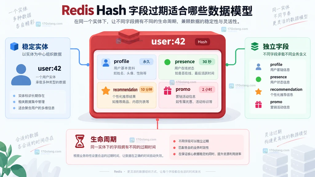 user:42 Hash 中 profile、presence、recommendation 和 promo 字段具有不同生命周期的静态关系图