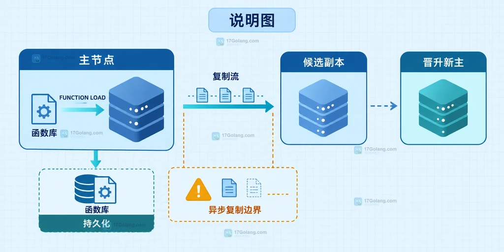 Redis Functions 主节点、复制流、候选副本和晋升新主之间的函数库与异步复制边界说明图