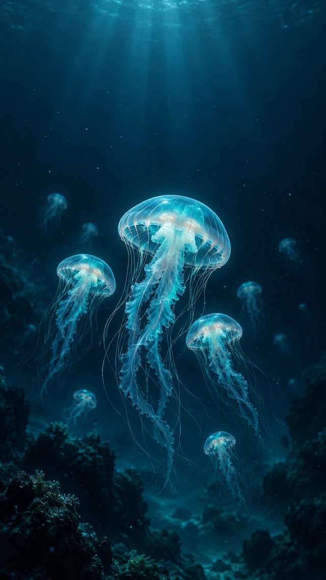 深海发光水母群手机壁纸提示词