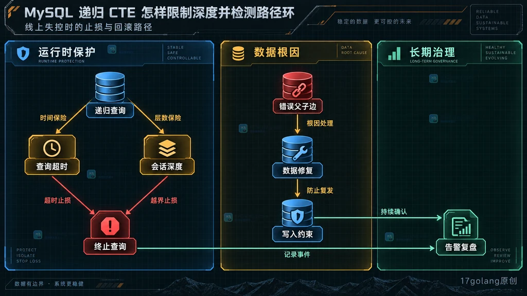MySQL 递归 CTE 线上止损与根因治理原创关系图