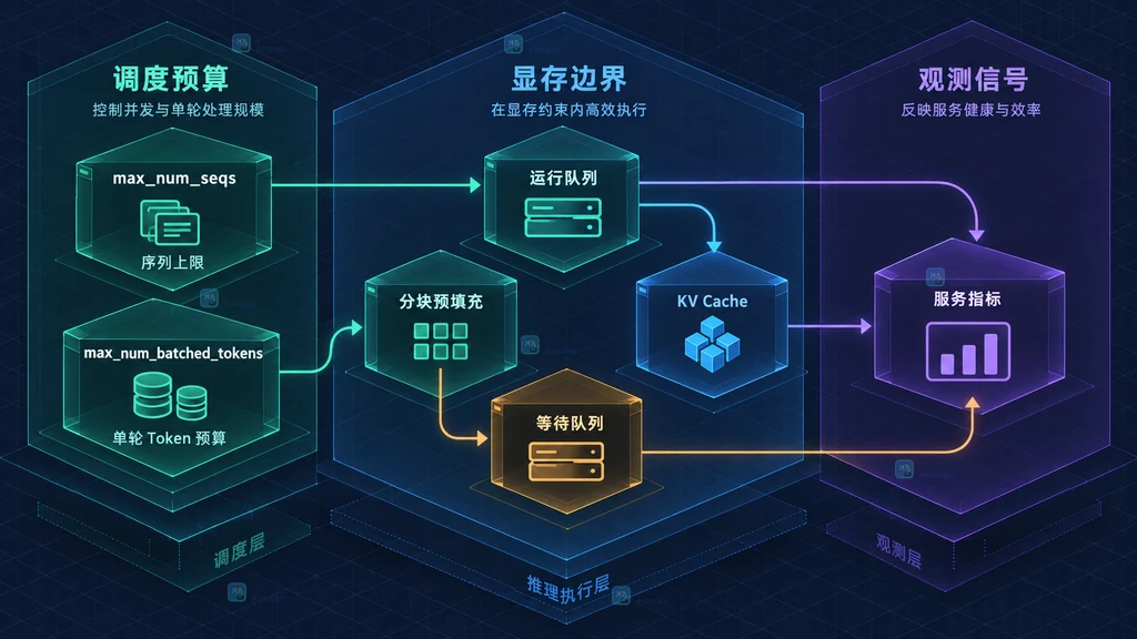 推理调度预算与 KV Cache 观测关系说明图
