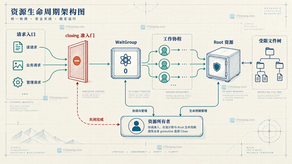 os.Root 资源所有者协调准入门 WaitGroup 工作协程和关闭完成信号的架构图