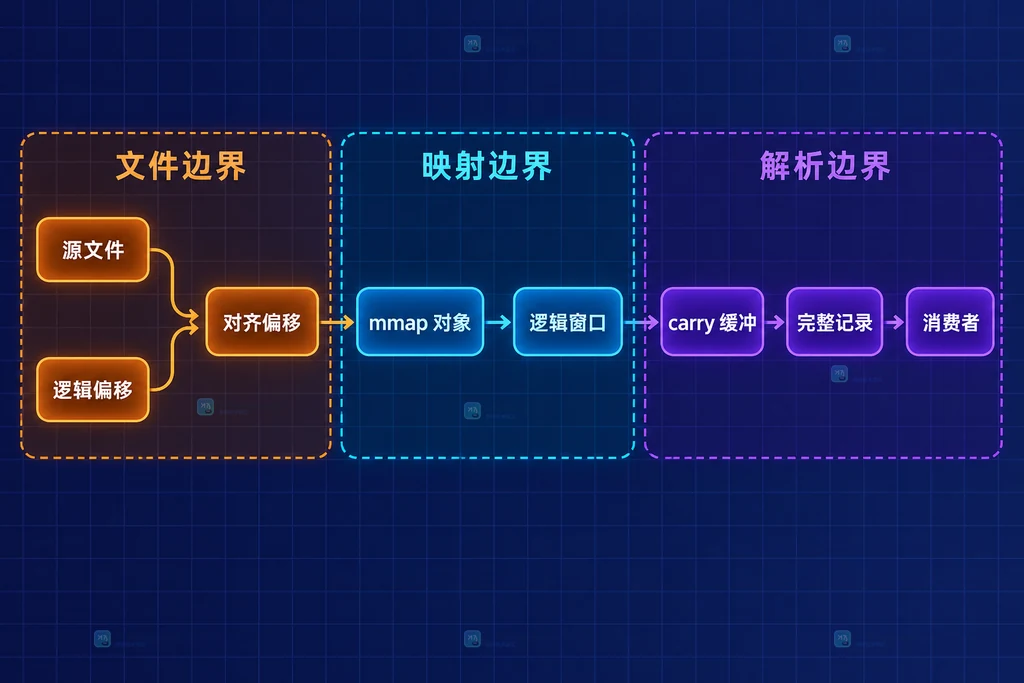 Python mmap 源文件、对齐偏移、逻辑窗口与跨窗记录缓存的静态关系图