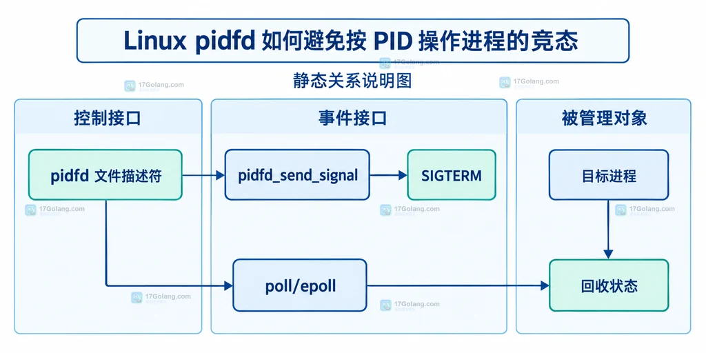 Linux pidfd 静态调用关系图：pidfd 文件描述符连接信号、poll/epoll 与进程退出状态