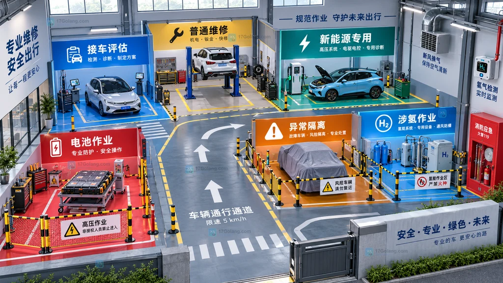 汽车维修门店接收新能源车辆后的接车评估、普通维修、新能源专用、电池作业、隔离处置和涉氢作业六区原创示意图