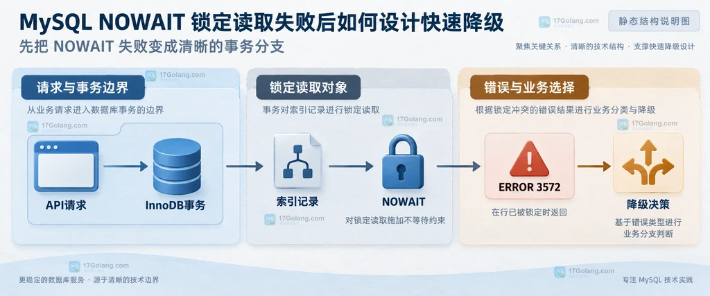 MySQL 队列抢占、普通读取与强一致写入三种 NOWAIT 降级关系说明图