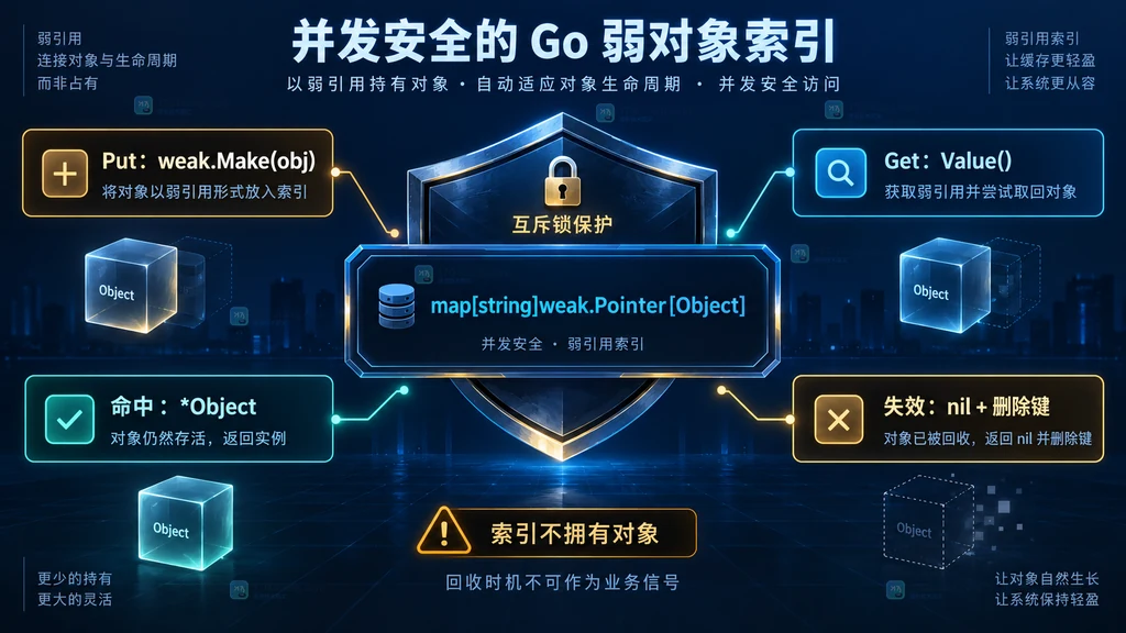 并发安全 Go 弱对象索引中 weak.Make、Value、命中、失效删除与互斥锁的静态组件关系图