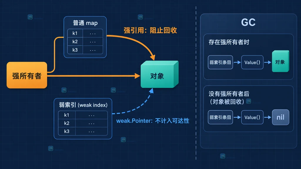Go 普通强引用 map、weak.Pointer 弱索引、对象可达性与 Value 返回结果的静态关系图