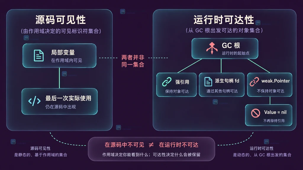 源码作用域、最后一次实际使用、强引用、派生句柄、GC 可达性与 weak Pointer Value 之间关系的静态结构图
