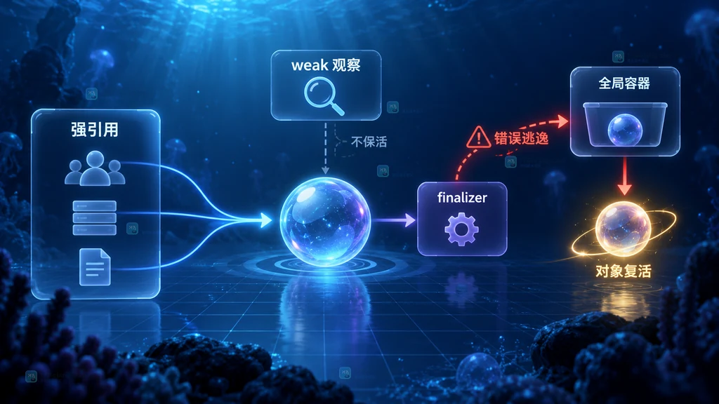 Go weak 指针、finalizer 队列与对象复活的可达性关系说明图