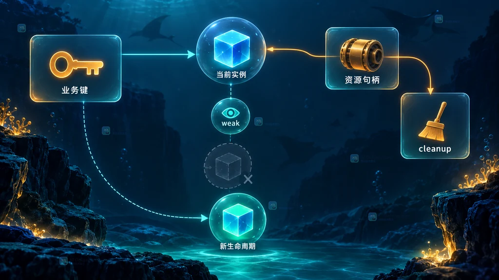 weak 缓存、业务键、新对象与 AddCleanup 独立资源句柄的所有权结构图