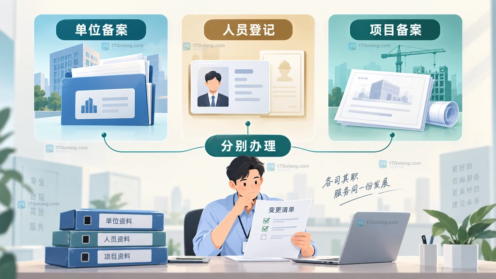 工程咨询单位备案、人员执业登记和项目备案三类事项的关系说明图