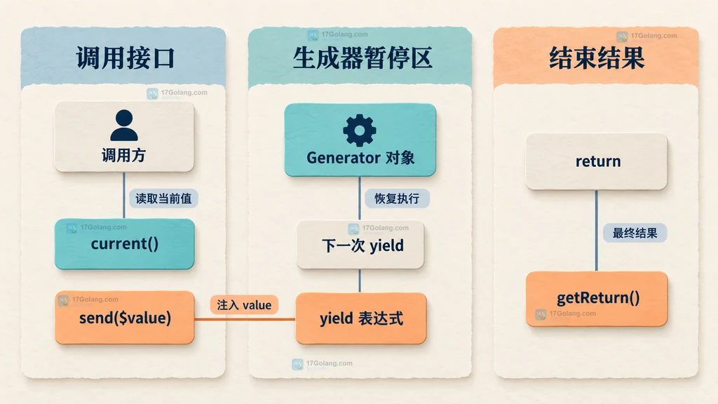 PHP Generator current、send、yield、return 与 getReturn 的静态关系图