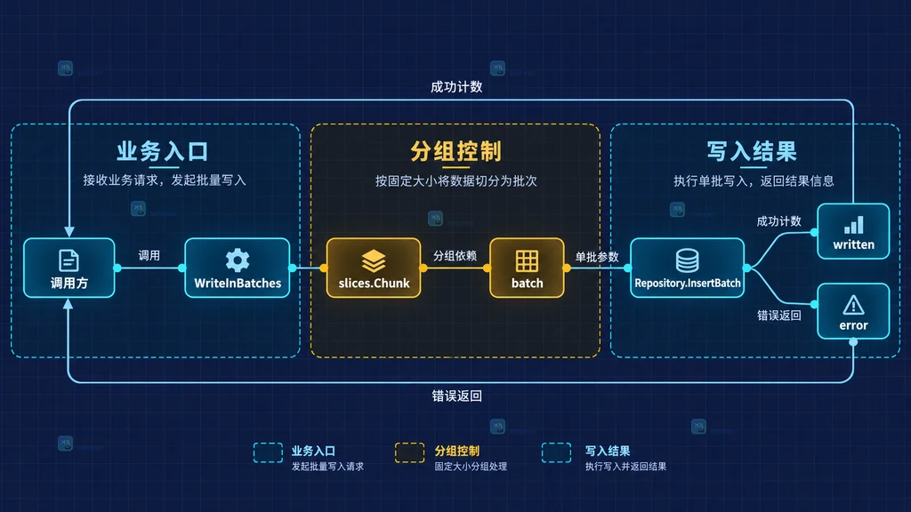 Go 批量写入函数、Chunk 迭代器、Repository 与错误结果的静态调用边界图