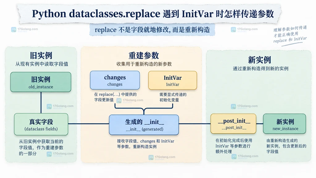 dataclasses.replace 从旧实例字段、changes 和 InitVar 重新构造新实例的静态结构图