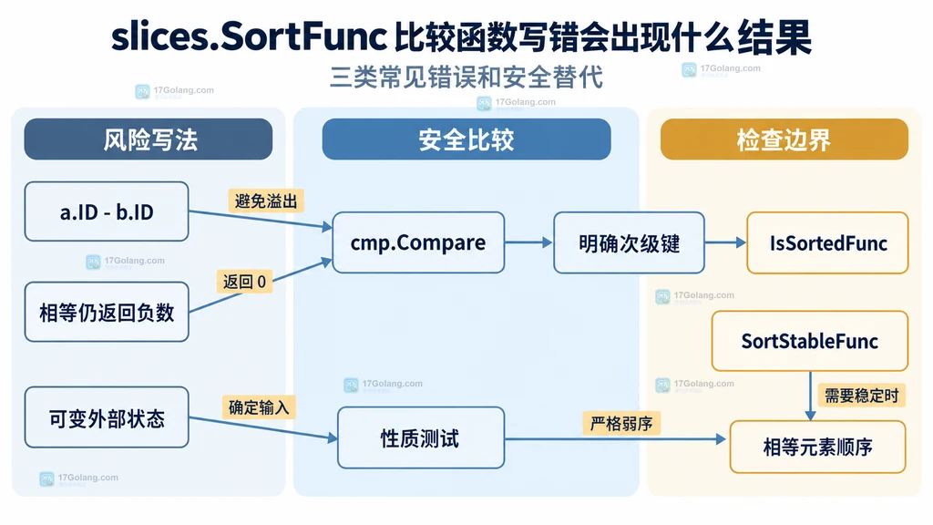 SortFunc 危险比较写法、安全工具和检查边界的静态关系图