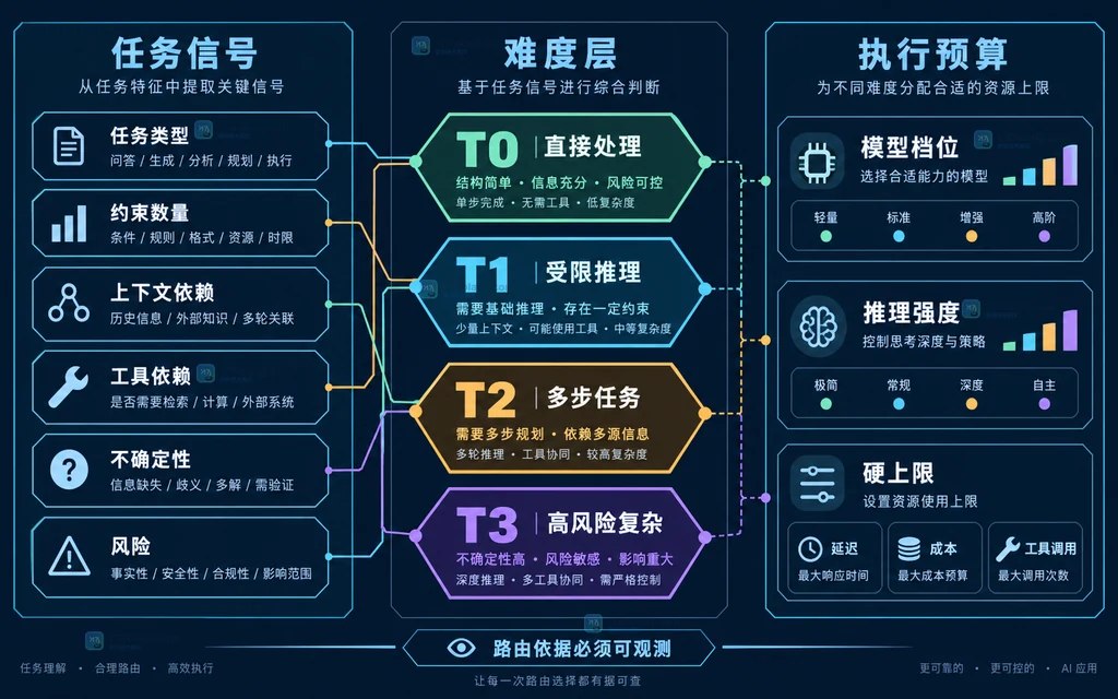 任务信号、难度层、模型档位、推理强度和硬上限之间的静态映射图