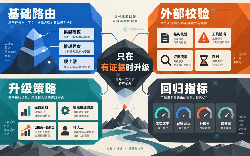 基础路由、外部校验、升级策略和回归指标的静态控制平面图