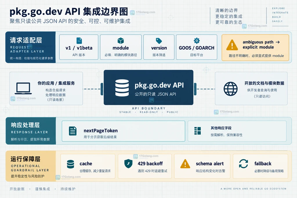 pkg.go.dev API 从模块与包元数据连接到搜索、版本、符号和导入关系的静态说明图
