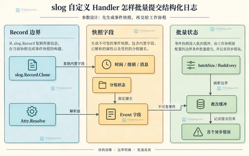 slog Record Clone、分组状态、属性解析、Event 字段、批次缓冲与异步错误的静态数据关系图