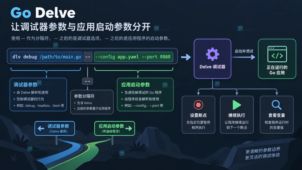 dlv debug 命令中双连字符分隔调试器选项与应用启动参数