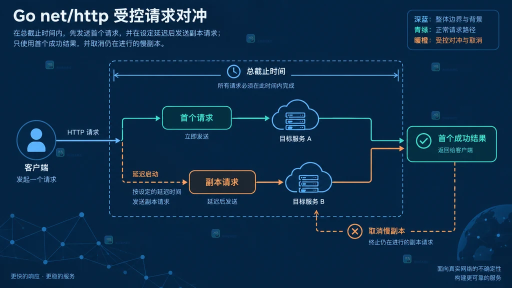 总截止时间向下连接多个并发 HTTP 副本并广播取消,右侧区分幂等读取与写入操作