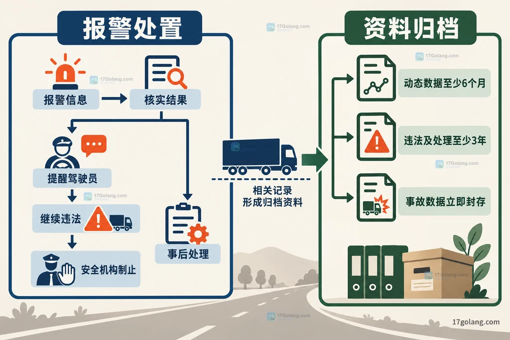 货运车辆动态报警处置与资料归档关系说明图