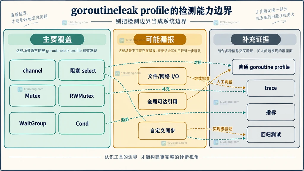 goroutineleak profile 可检测与可能漏报场景的边界说明图