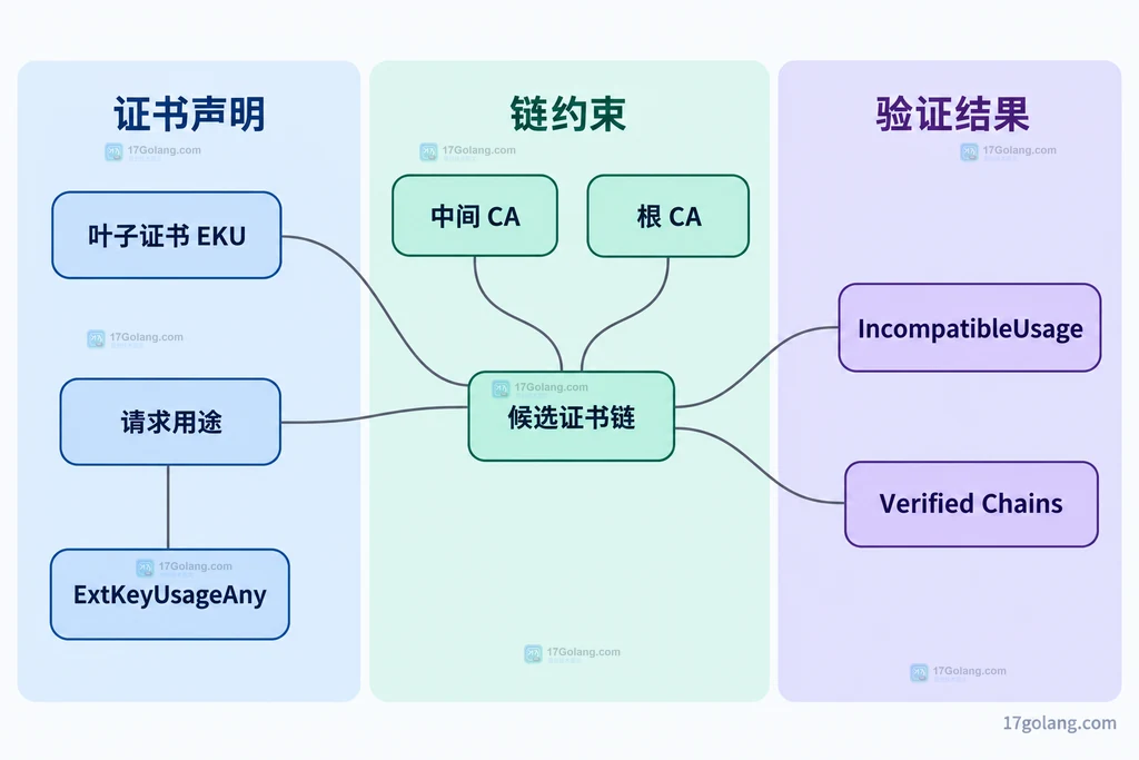 叶子证书 EKU、CA 证书用途约束与 Verify 返回结果的静态关系