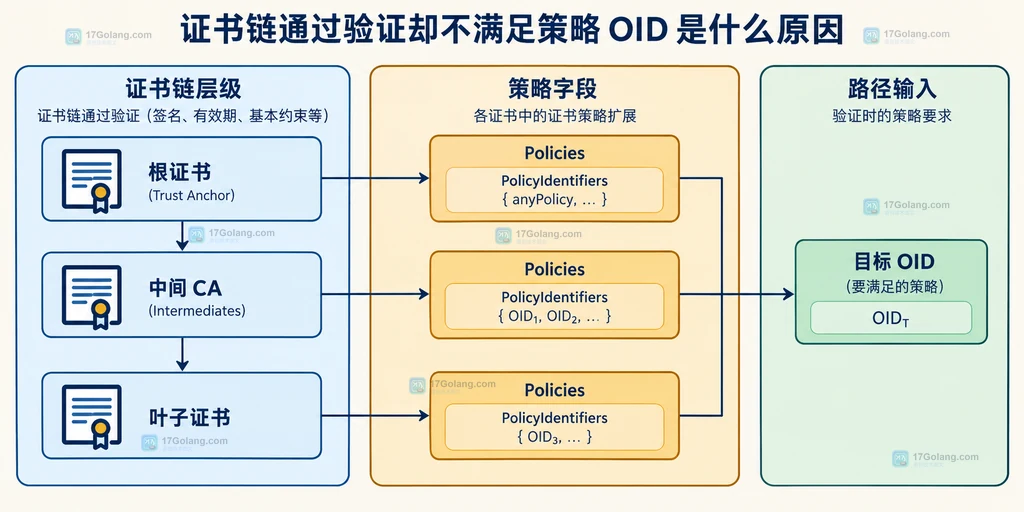 Go X.509 证书链中叶子证书、中间 CA、根证书与策略 OID 检查点的关系说明图